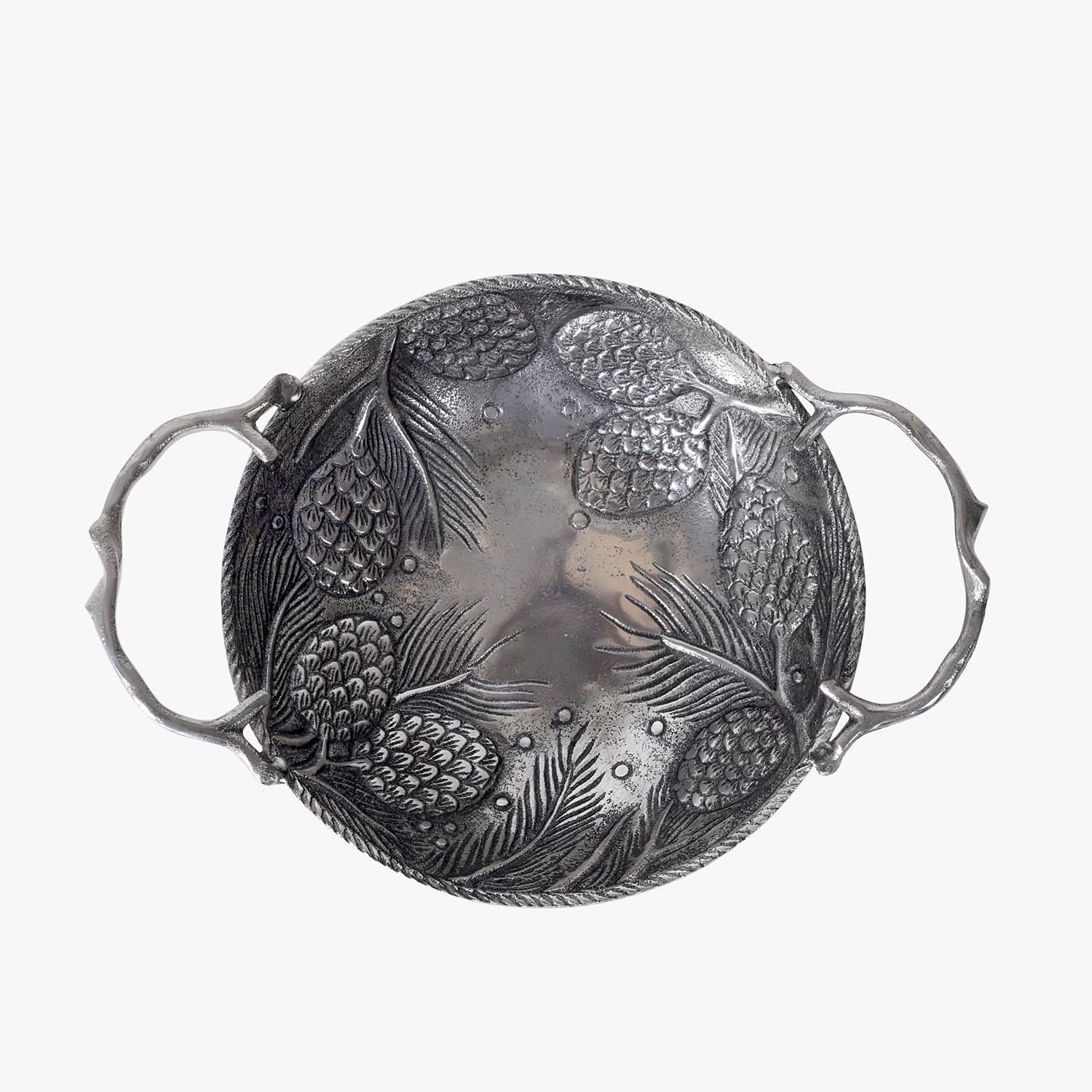 Silver Pinecone Serving Bowl with Handles | Decorative Metal Dining Bowl & Table Accent