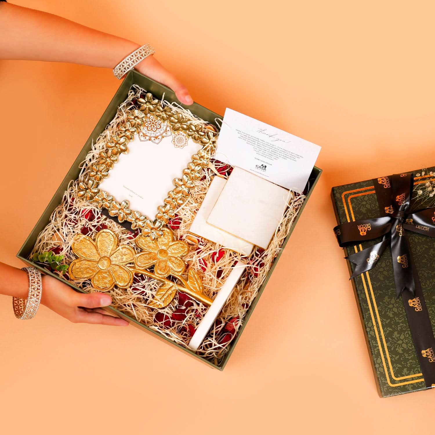 Luxury Gift Box with Golden Photo Frame, Flower Artifact & Marble Coasters