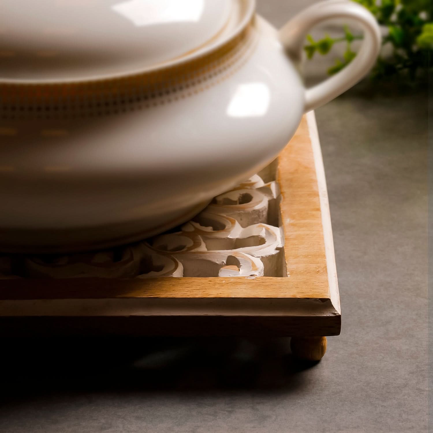 Square Whitewashed Carved Wooden Trivet