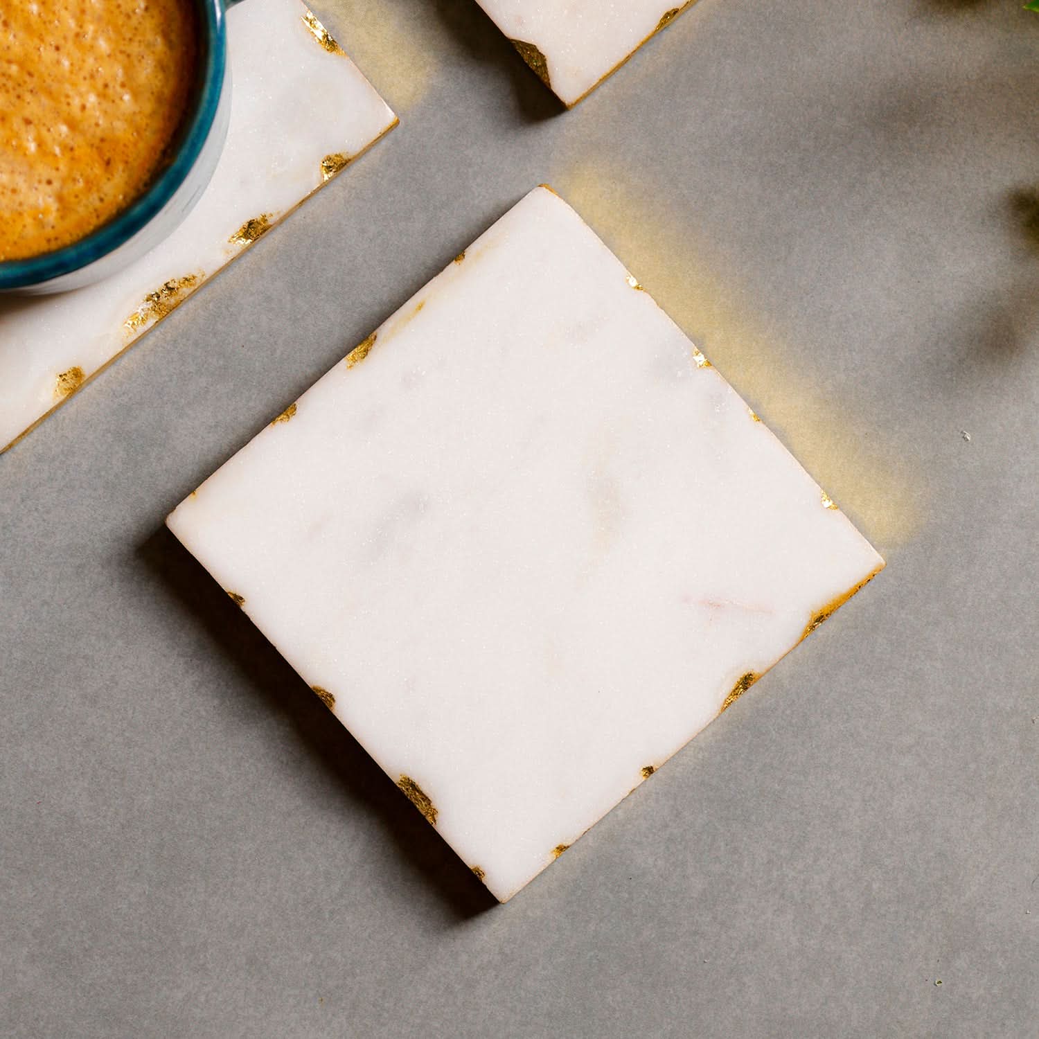 White Marble Square Coaster Set with Gold Edges