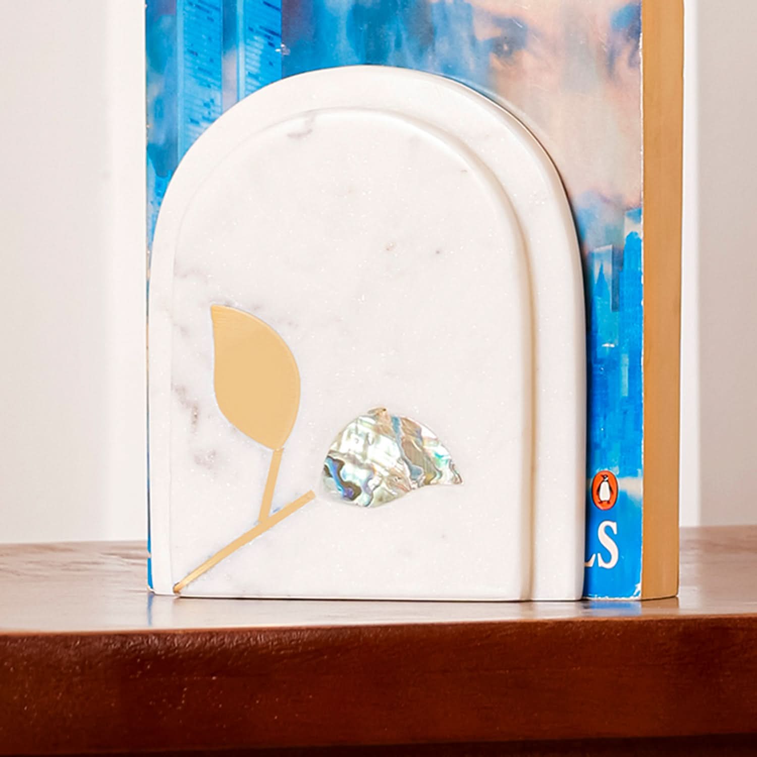 White Marble Bookends (Set of 2) with Brass & Abalone Inlay