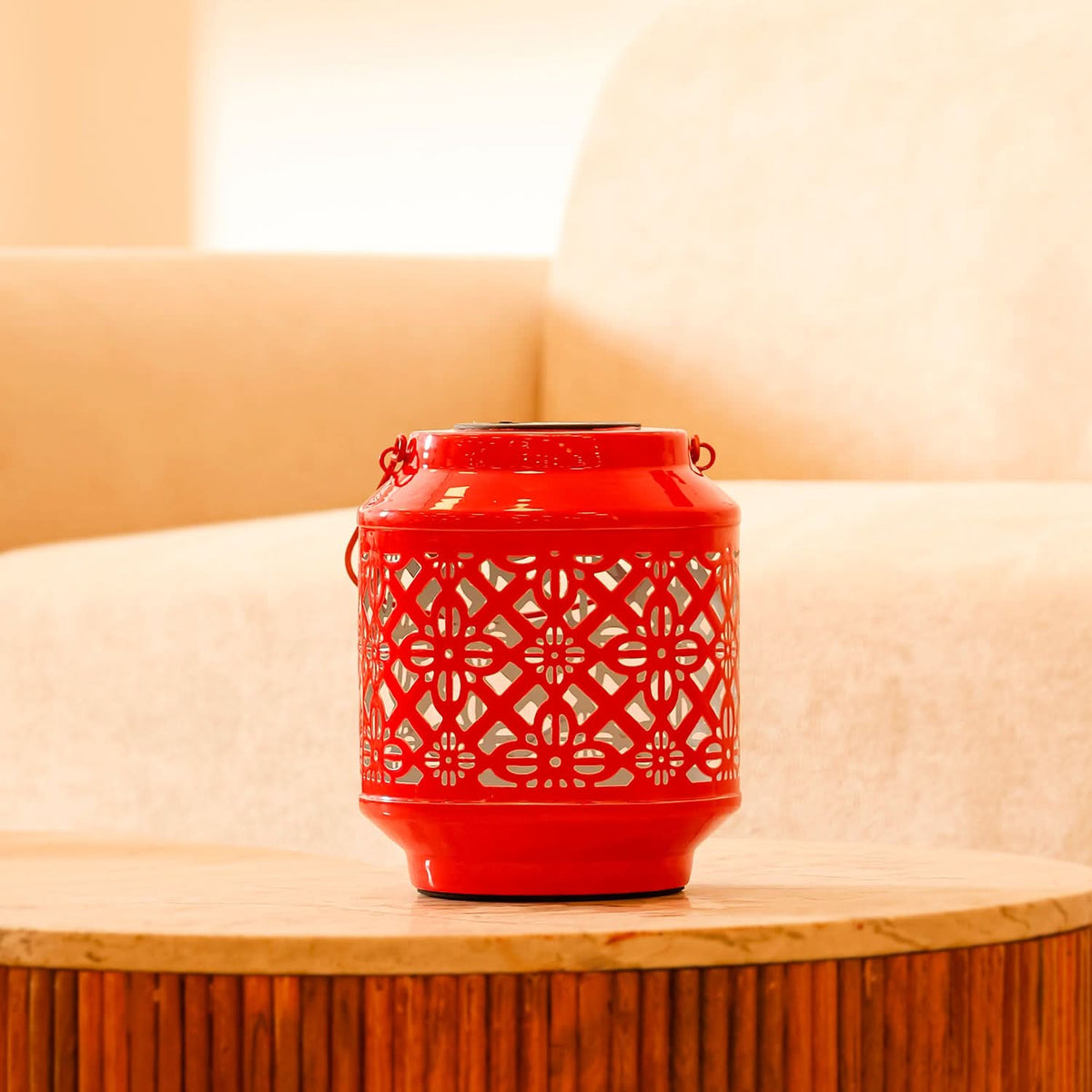 Solar Metal Lantern – LED Decorative Light for Balcony, Garden & Home- Red