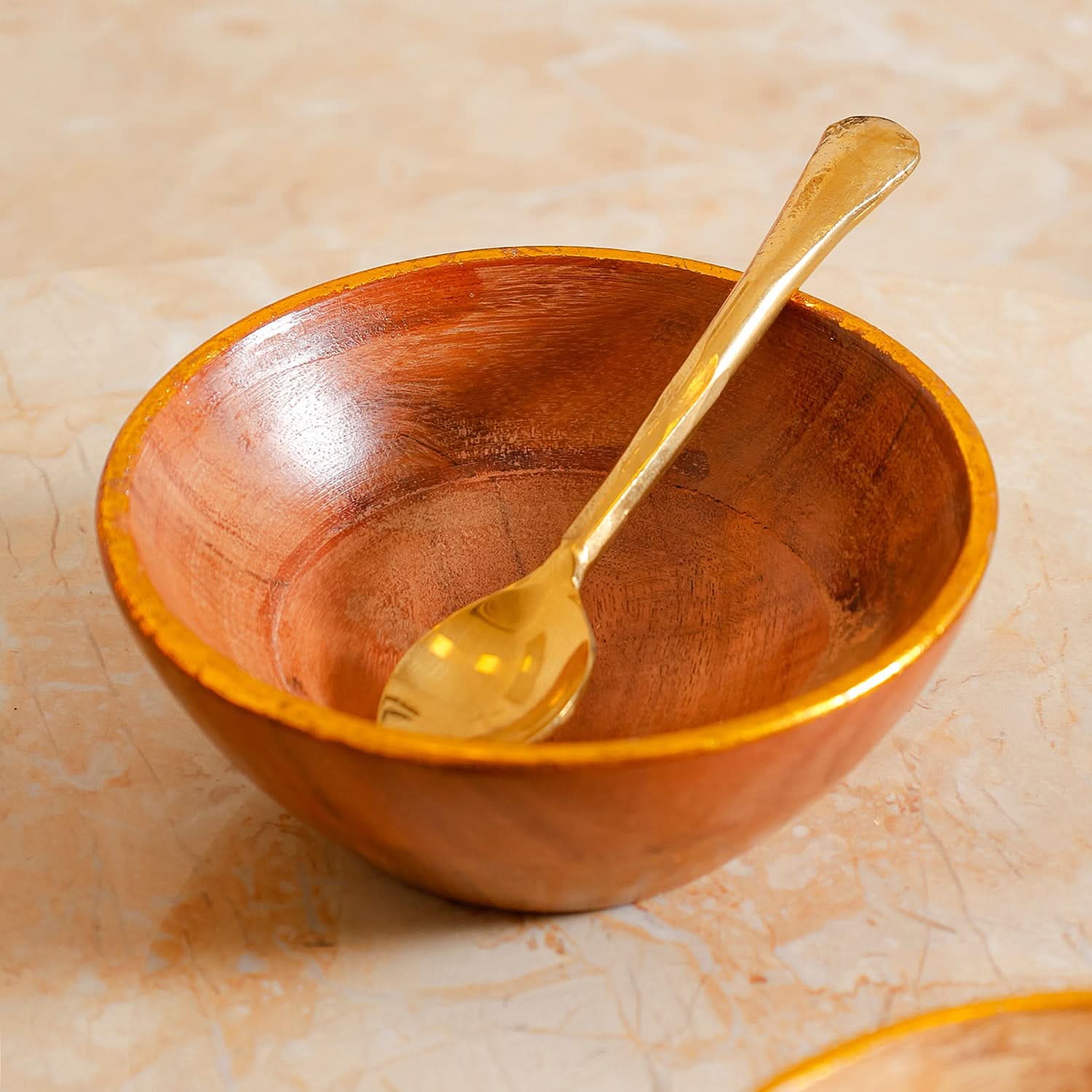 Wooden Bowls with Spoons (Set of 4) – Gold-Edge Snack & Dip Katoris