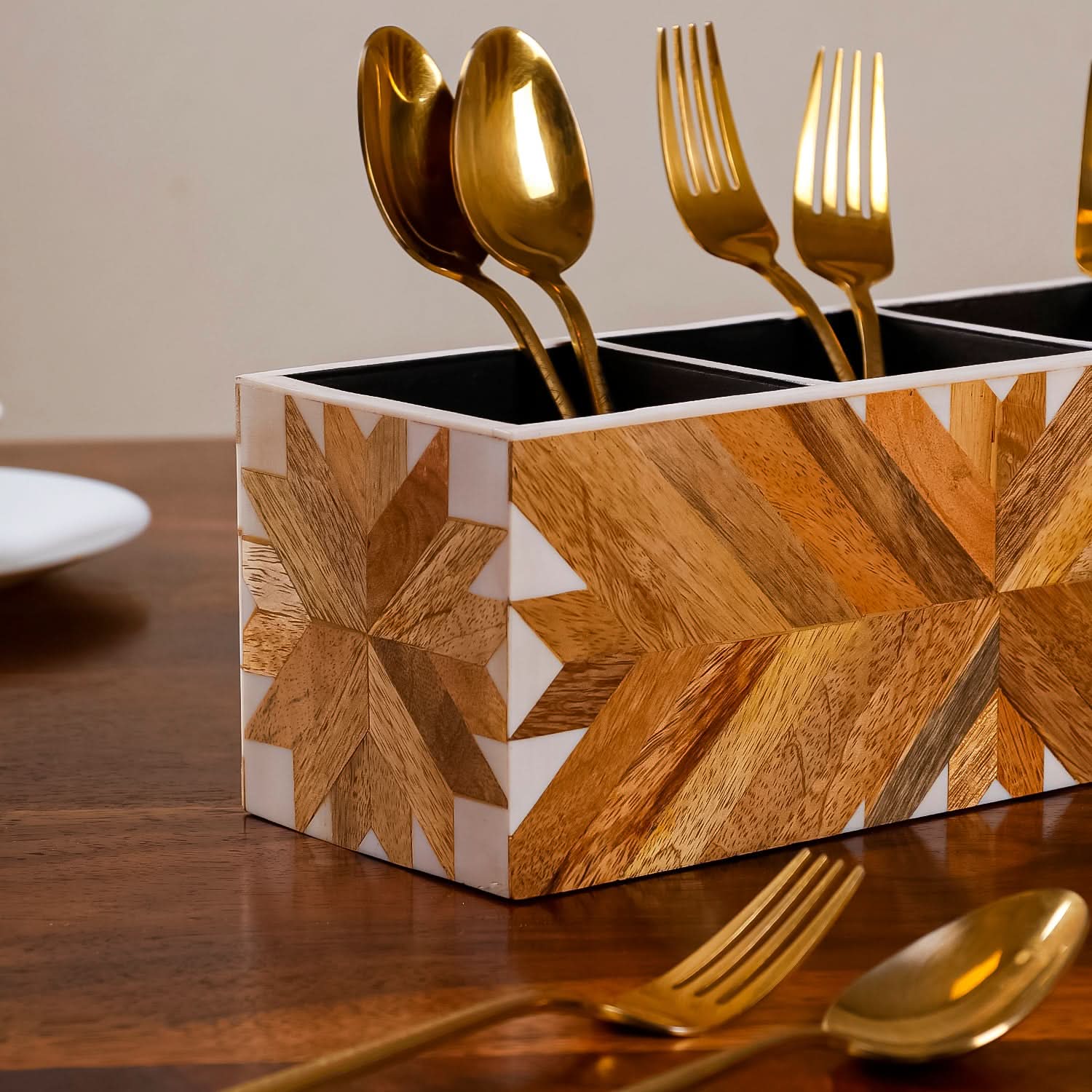 Cutlery Holder Caddy with Geometric Inlay | 3-Partition Table Organizer