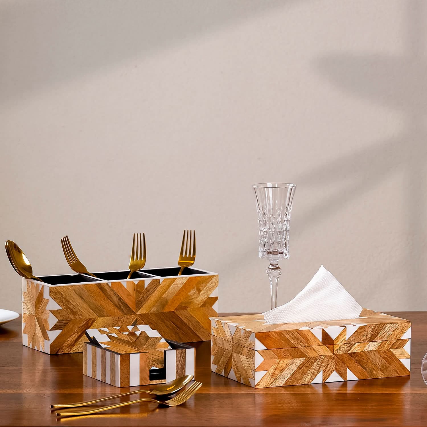 Set of 3- Geometric Dining Table Set | Cutlery Holder, Coaster Caddy & Tissue Box