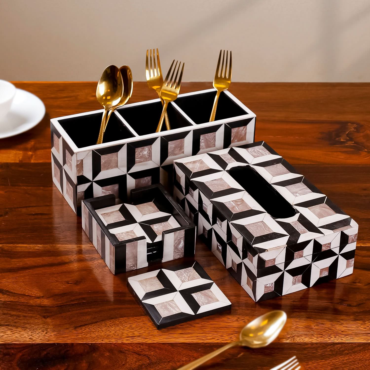 Set of 3- Monochrome Cube Dining Table Set | Cutlery Holder, Coaster Caddy & Tissue Box