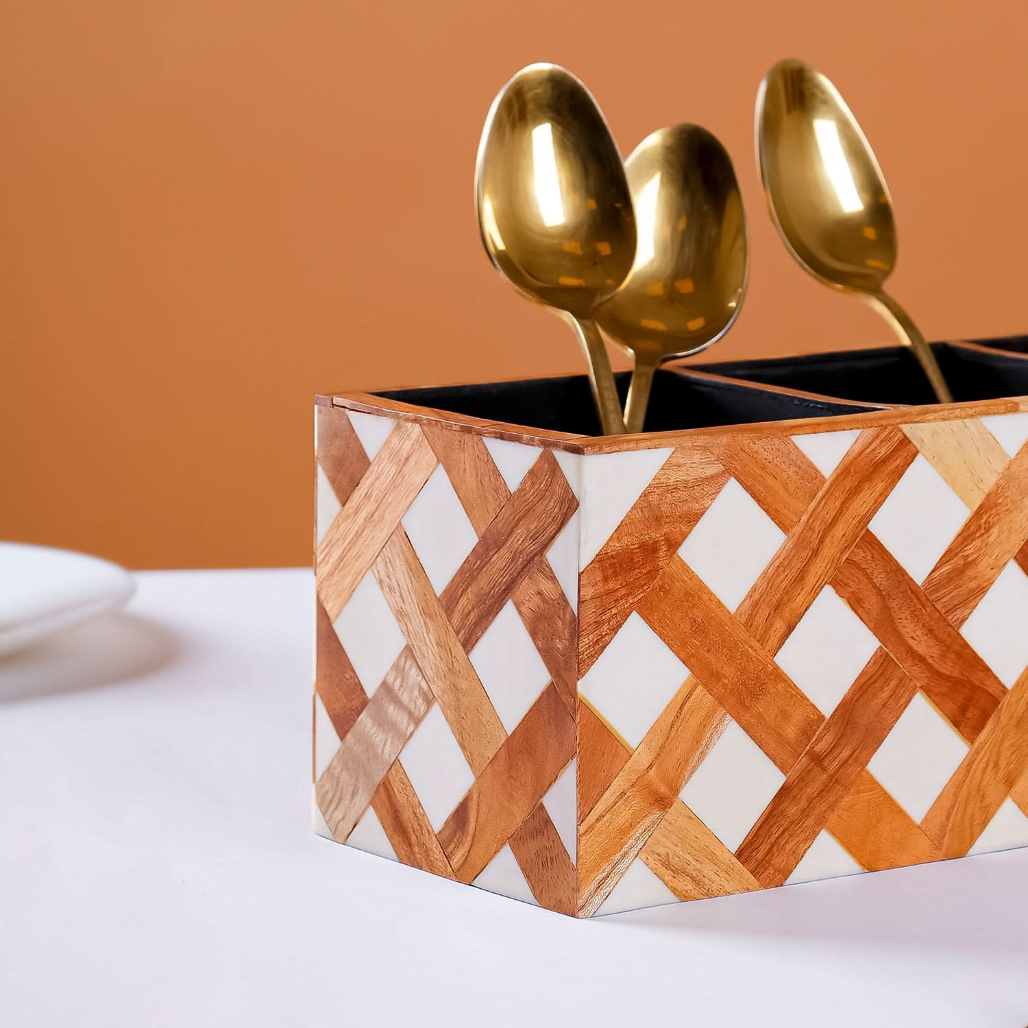 Cutlery Holder with Criss-Cross Inlay | 3-Partition Kitchen Table Caddy