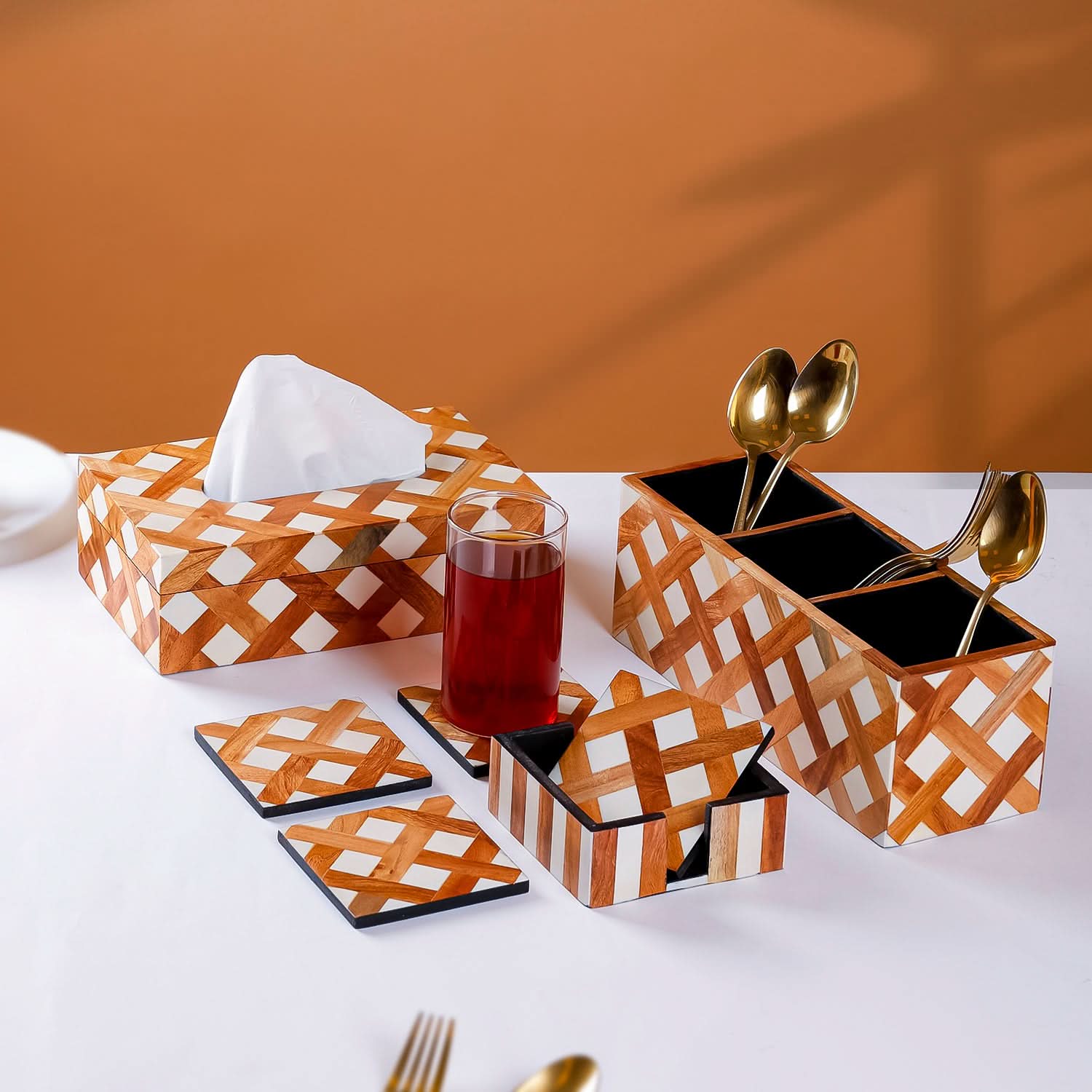 Table Organizer Set with Caddy, Tissue Box & Coasters Brown and White Set of 3