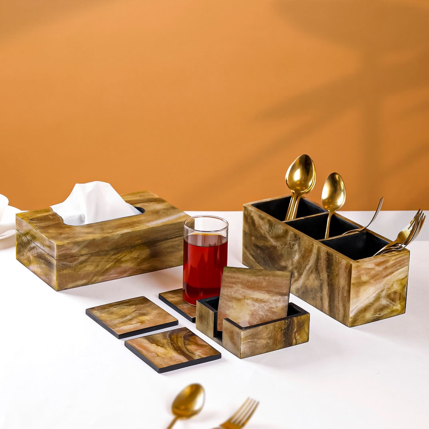 Table Organizer Set with Caddy, Tissue Box & Coasters olive green Set of 3