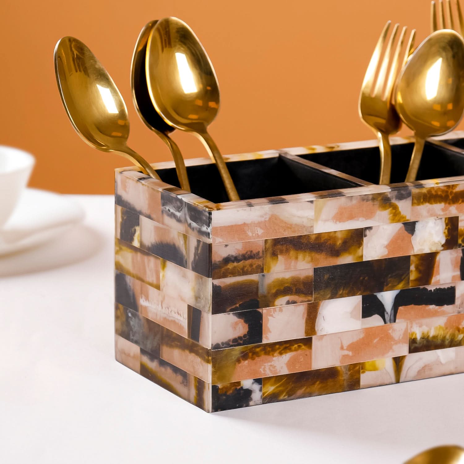 Mosaic Wooden Cutlery Caddy- Kitchen & Dining Table Organizer