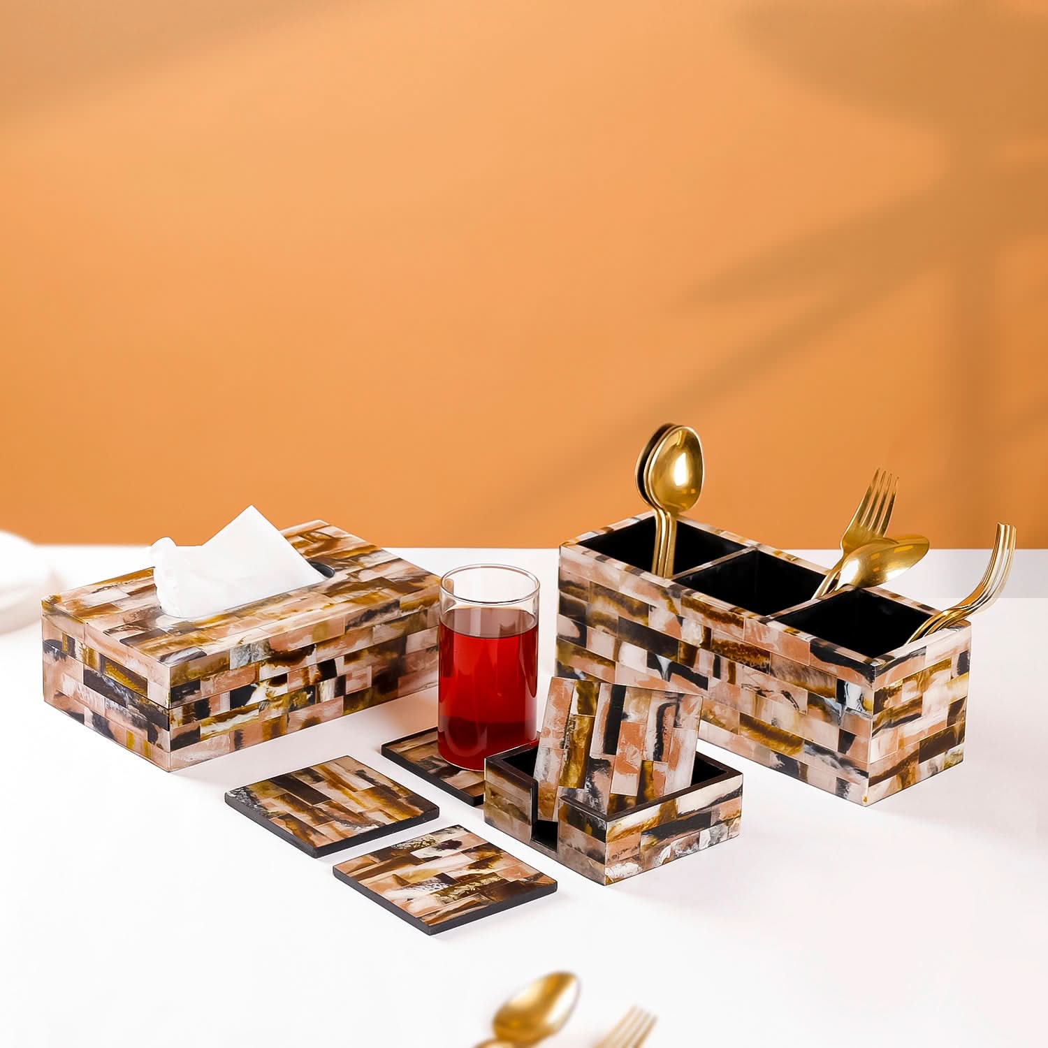 Set of 3- Mosaic Dining Table Set | Cutlery Holder, Coaster Caddy & Tissue Box