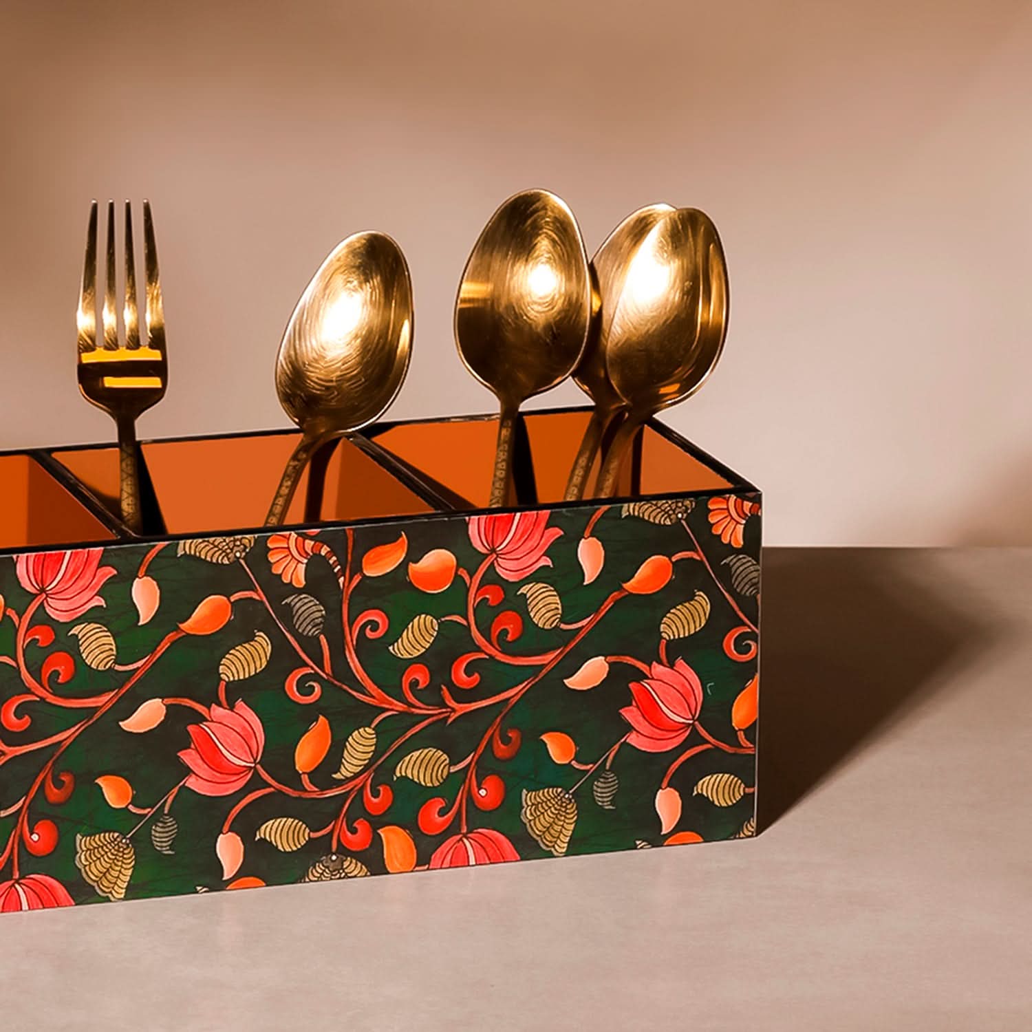 Kalamkari Cutlery Caddy – Wooden Table Organizer for Dining & Kitchen