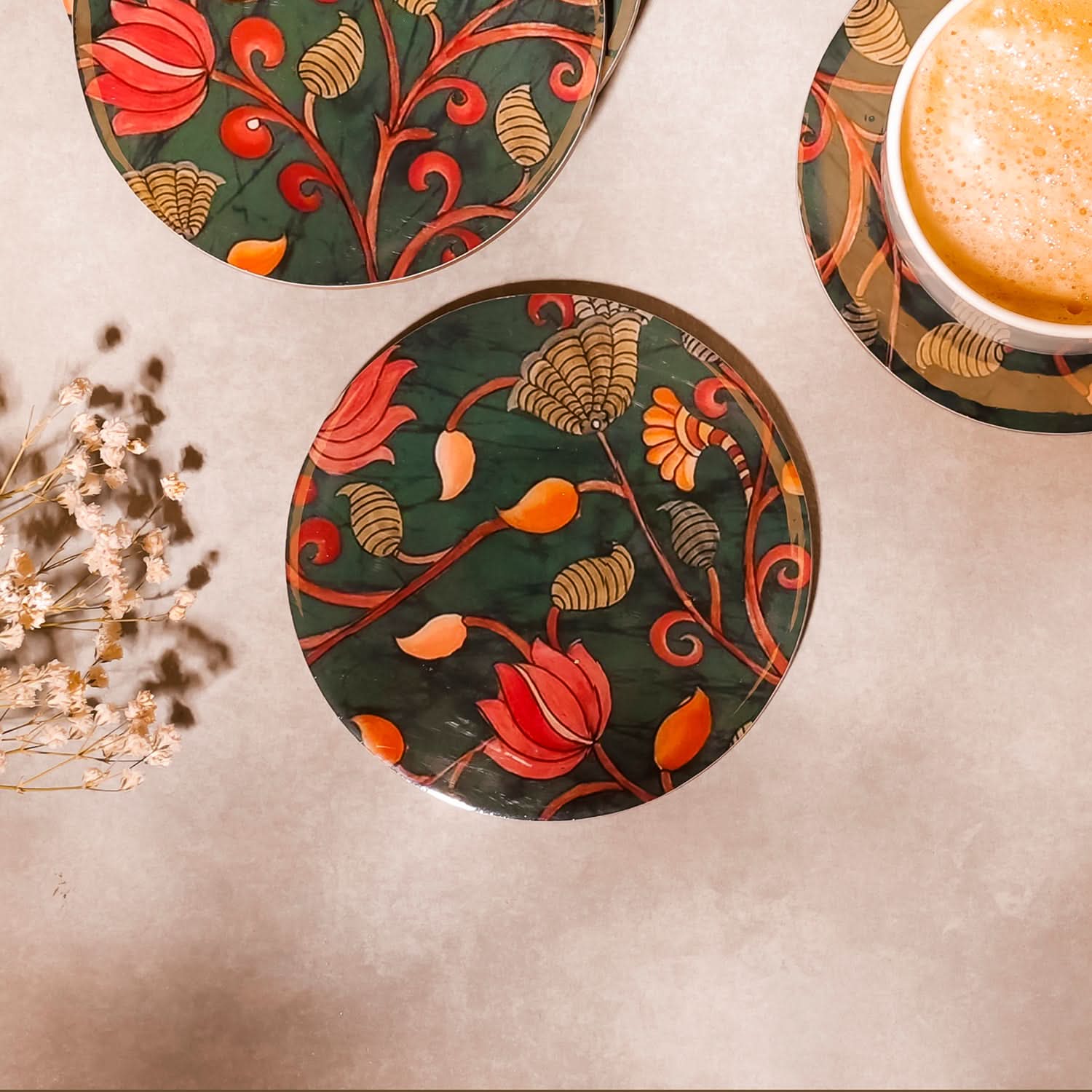 Kalamkari Round Wooden Drink Coasters for Coffee & Dining Table - (Set of 4)