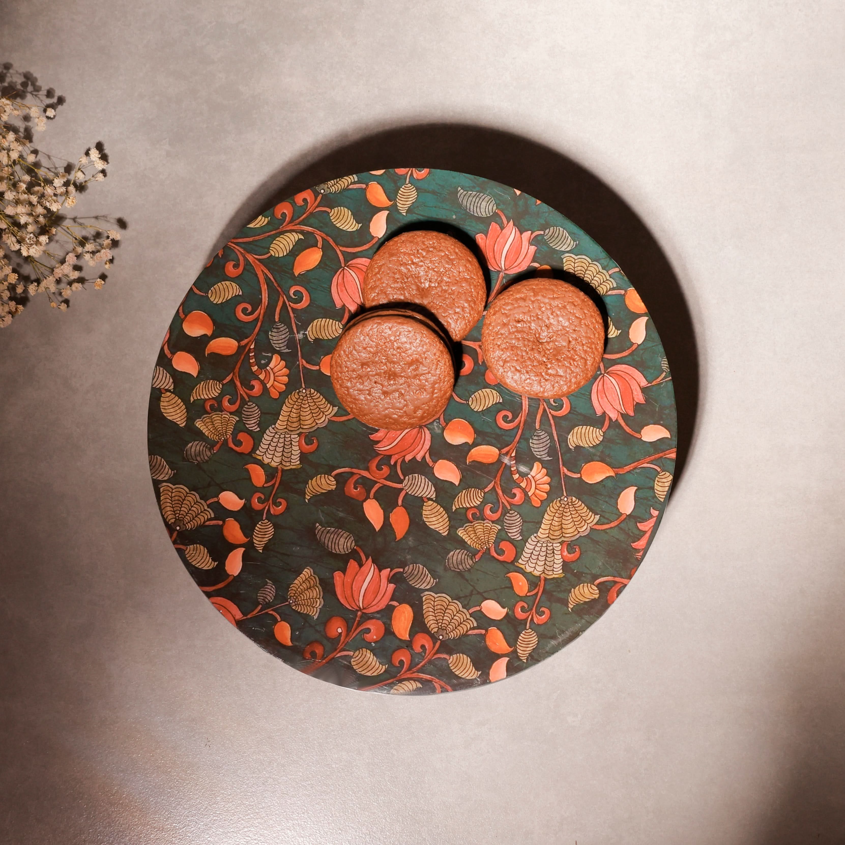 Kalamkari Cake Stand – Wooden Pedestal Dessert & Serving Stand
