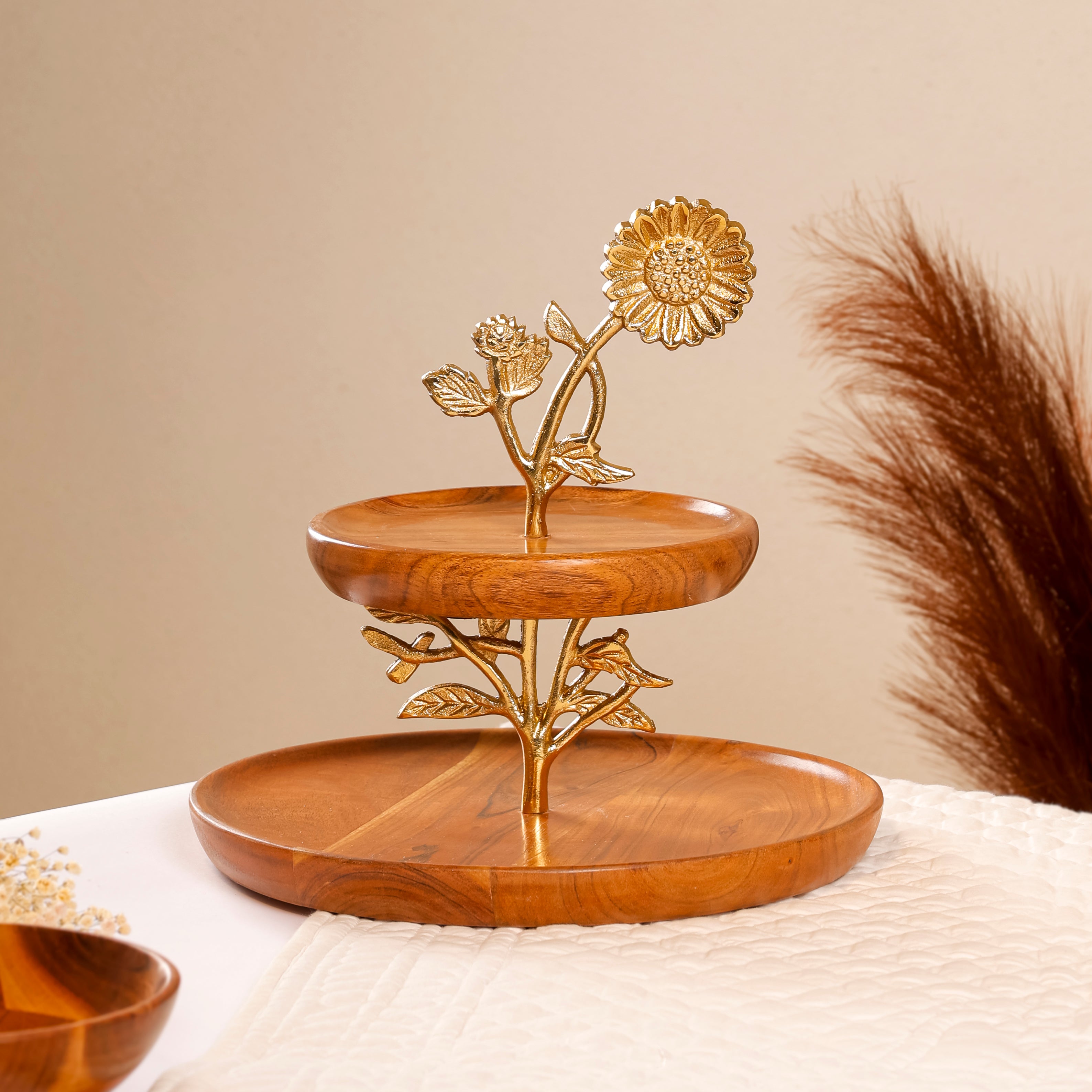Sunflower 2-Tier Wooden Dessert Stand | Handcrafted Acacia Wood Cake & Serving Stand