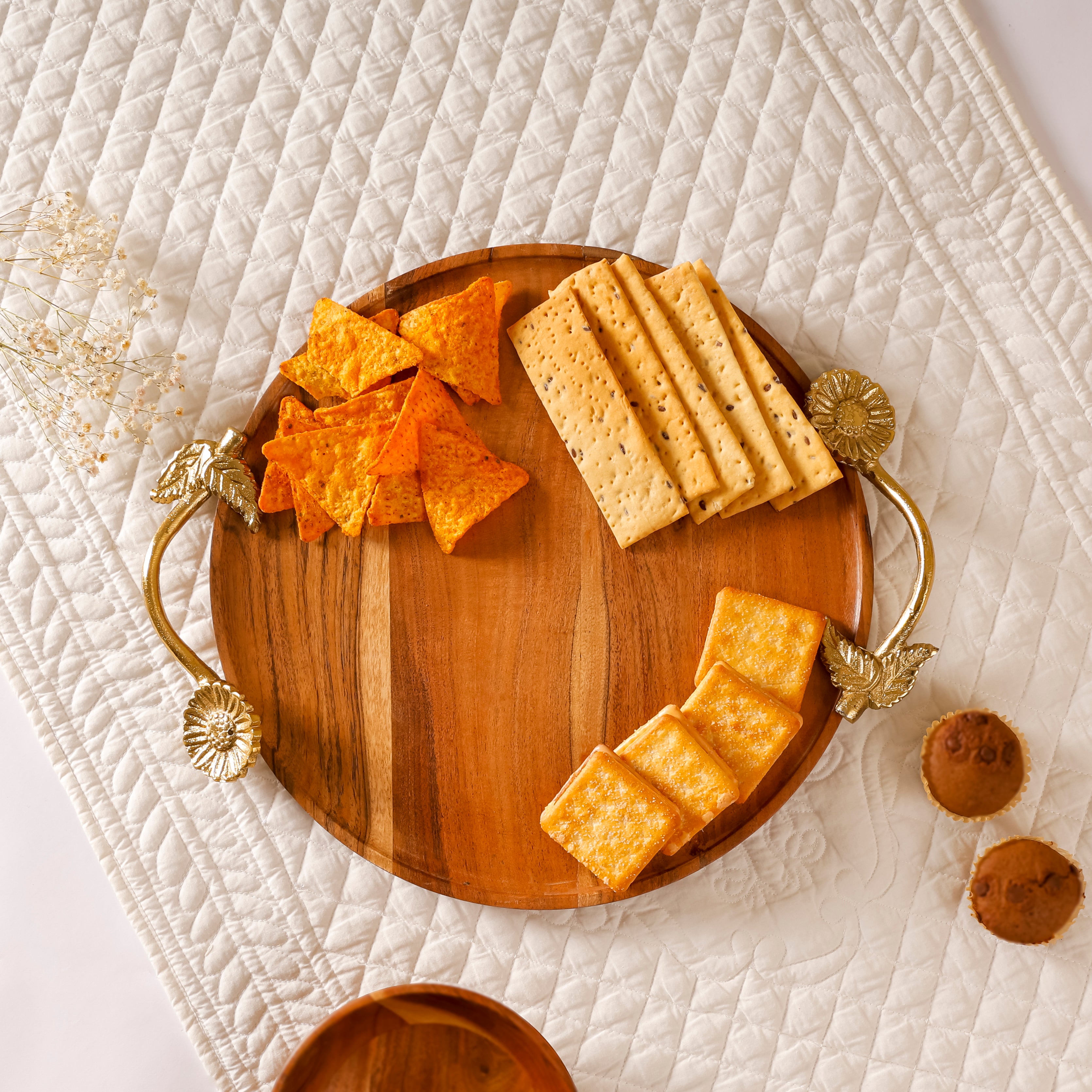 Sunflower Round Wooden Serving Tray with Brass Handles | Handcrafted Acacia Wood Table Décor
