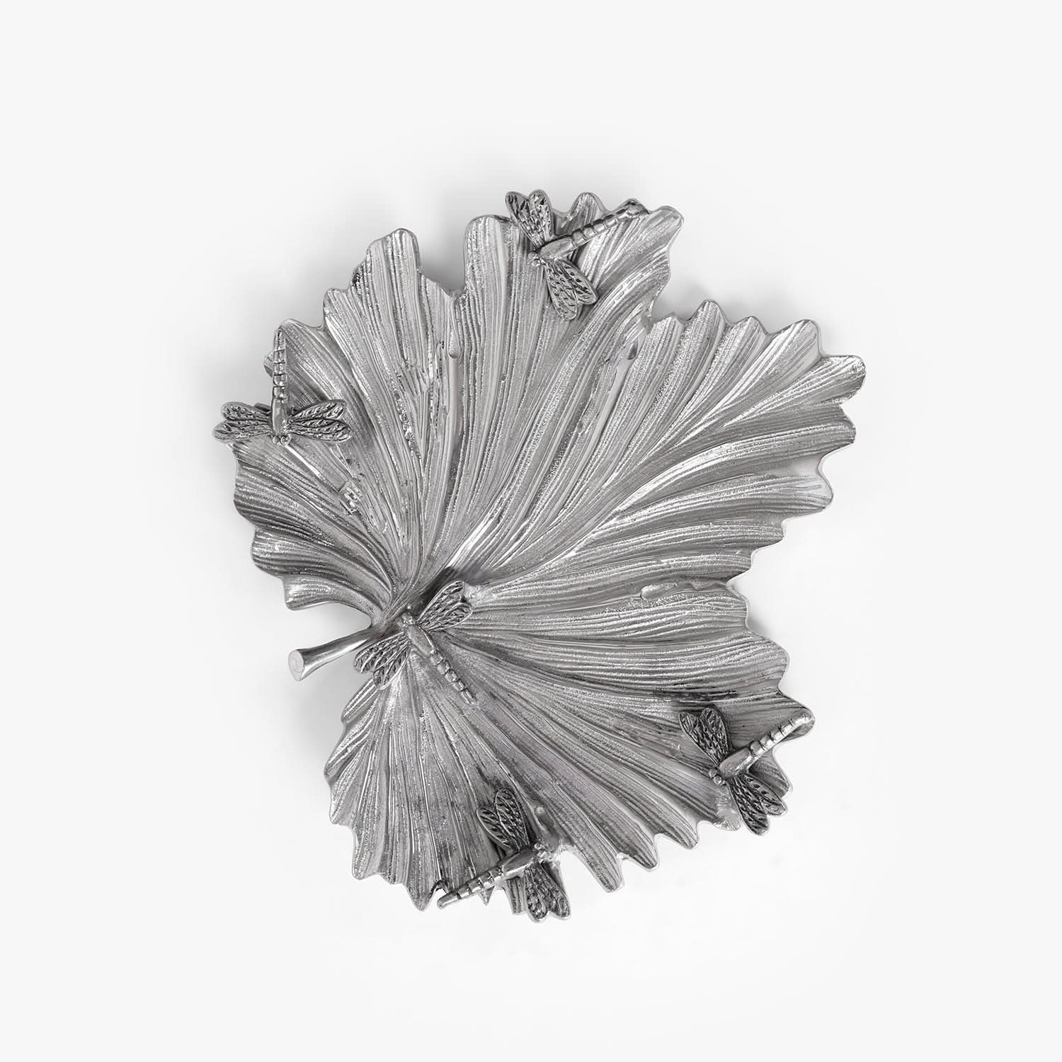 Silver Leaf Platter with Dragonfly Detail | Decorative Metal Serving Plate & Table Accent