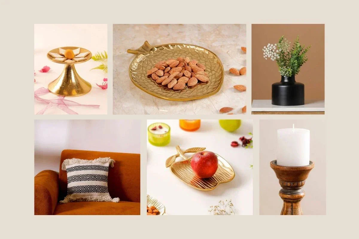 Buy home decor online in India – warm and welcoming living room with elegant cushions, lighting, and decorative accessories