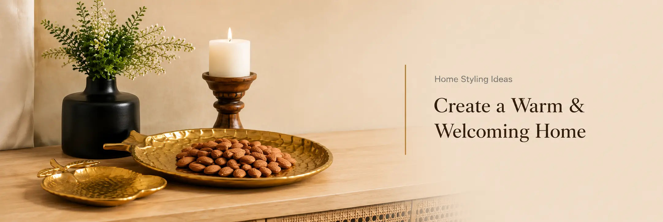 Home decor online in India featuring a stylish living room with handcrafted accessories, soft lighting, and luxury decor accents