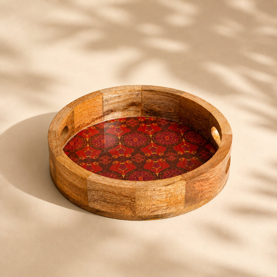 Arc & Petal Round Wooden Tray (10-inch) | Decorative Serving Tray for Home & Kitchen