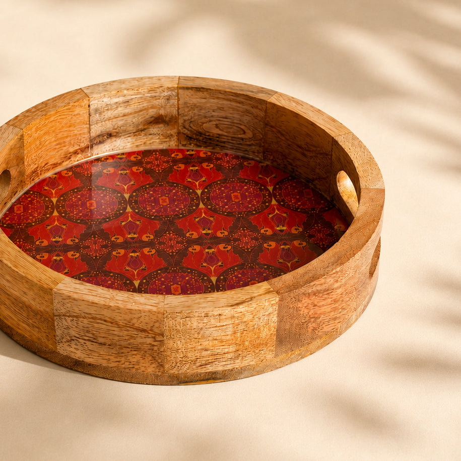 Arc & Petal Round Wooden Tray (10-inch) | Decorative Serving Tray for Home & Kitchen
