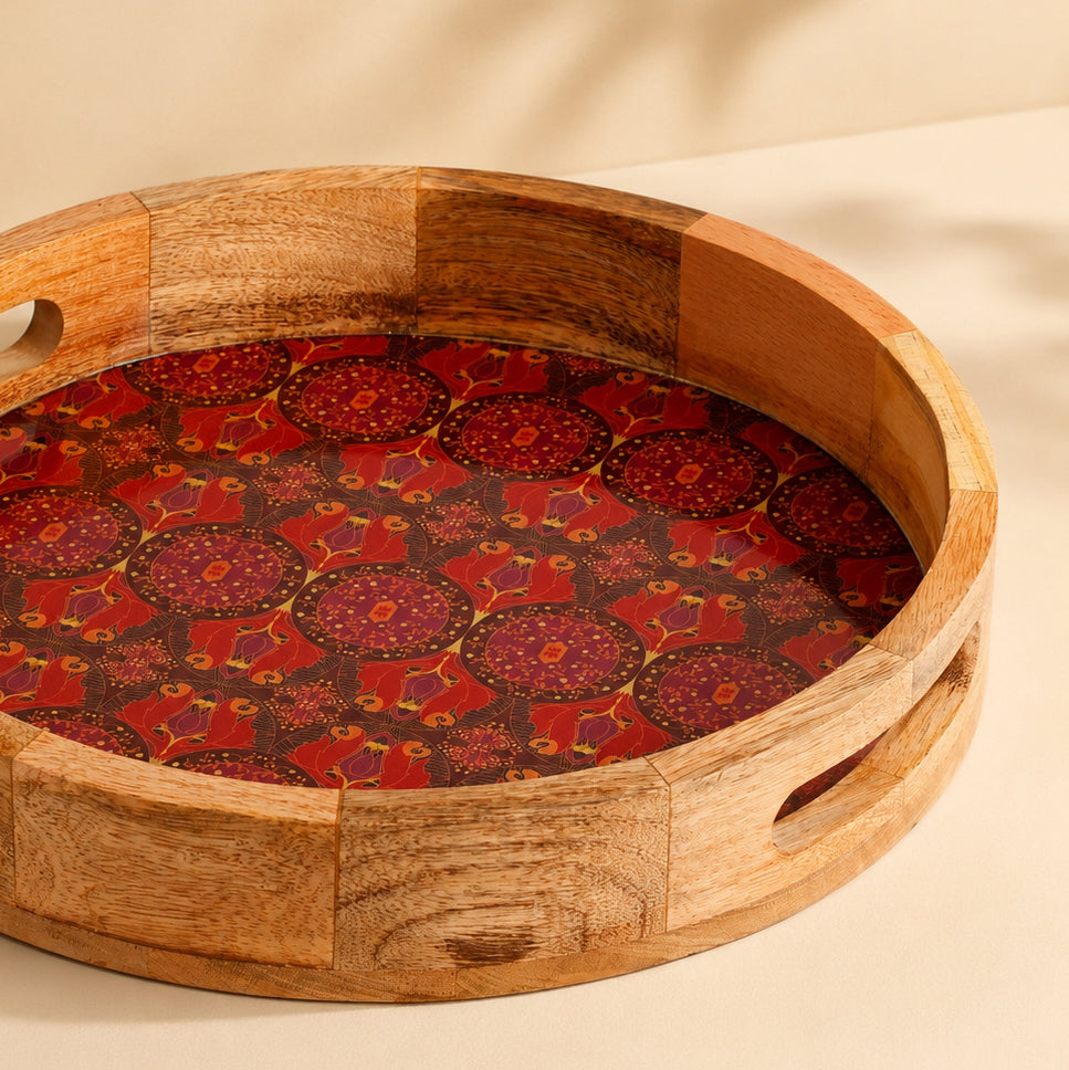 Arc & Petal Round Wooden Tray | Decorative Serving Tray for Home & Kitchen