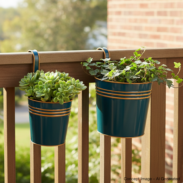 Blue Metal Planters Set Of - 2