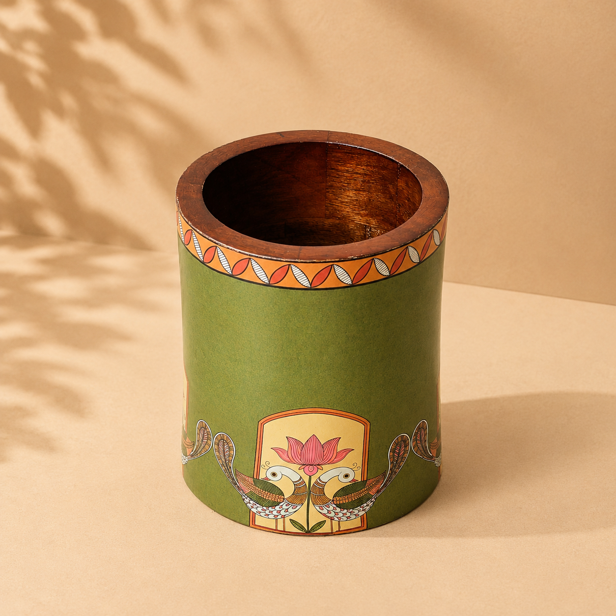 Green Kalamkari Wooden Utility Holder with Lotus & Peacock Motif