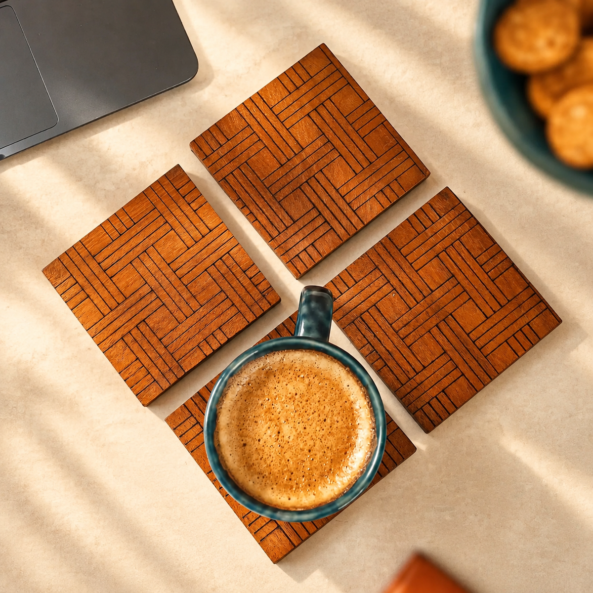 Set of 4 Wooden Engraved Square Coasters – Heat & Spill Resistant