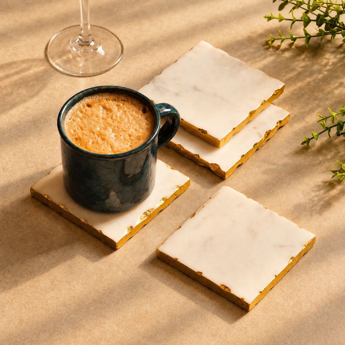 White Marble Square Coaster Set with Gold Edges