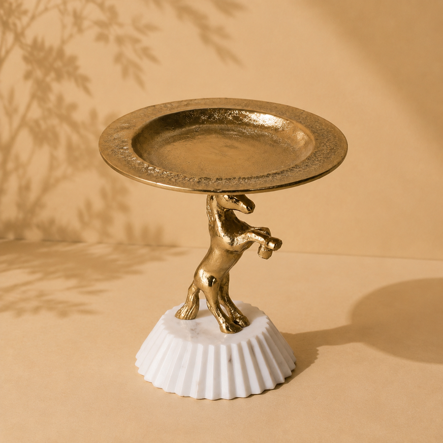 Golden Horse Decorative Cake Stand with White Fluted Marble Base