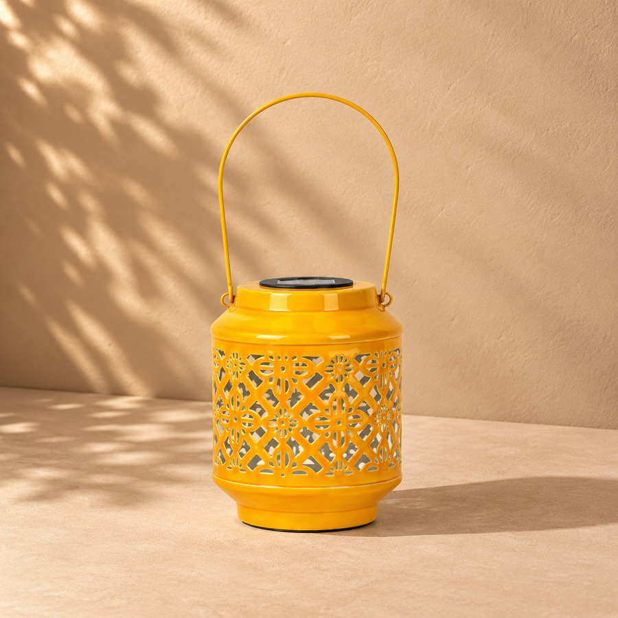 Solar Metal Lantern – LED Decorative Light for Balcony, Garden & Home- Yellow