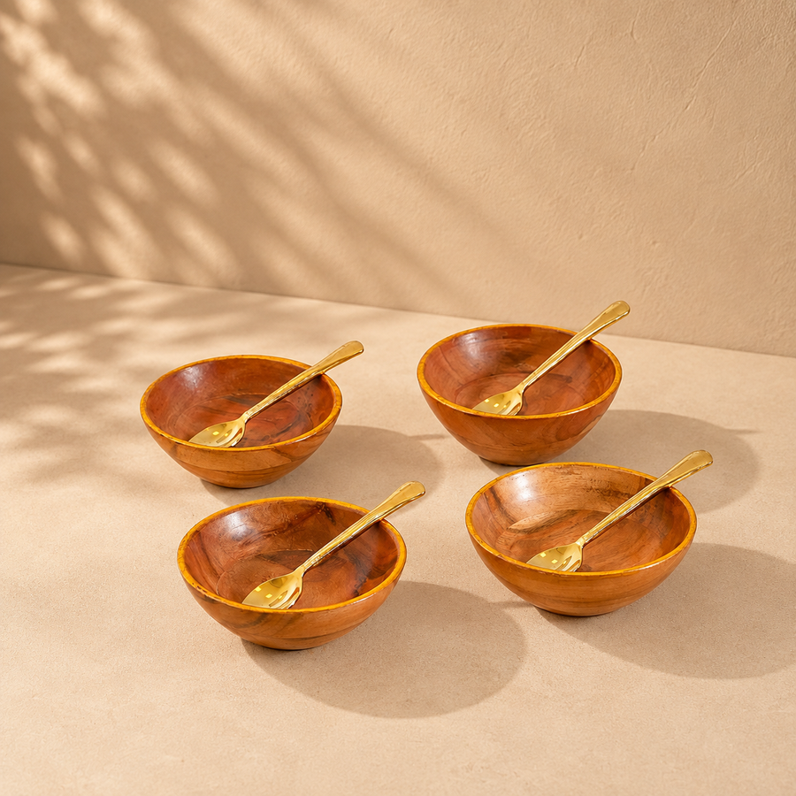 Wooden Bowls with Spoons (Set of 4) – Gold-Edge Snack & Dip Katoris