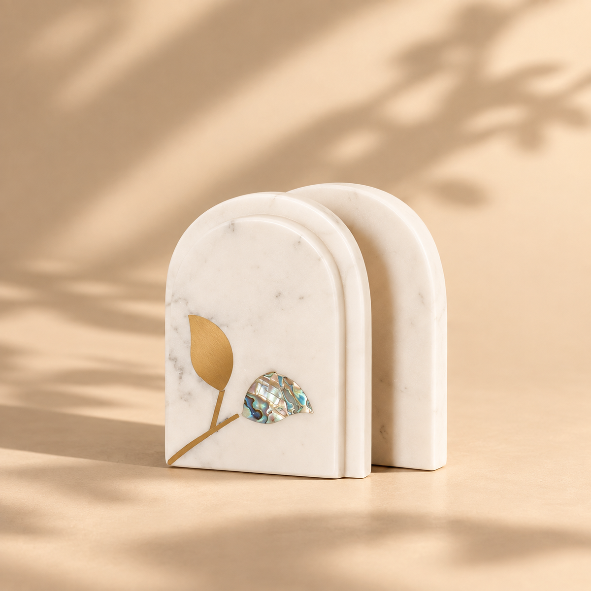 White Marble Bookends (Set of 2) with Brass & Abalone Inlay