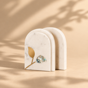 White Marble Bookends (Set of 2) with Brass & Abalone Inlay