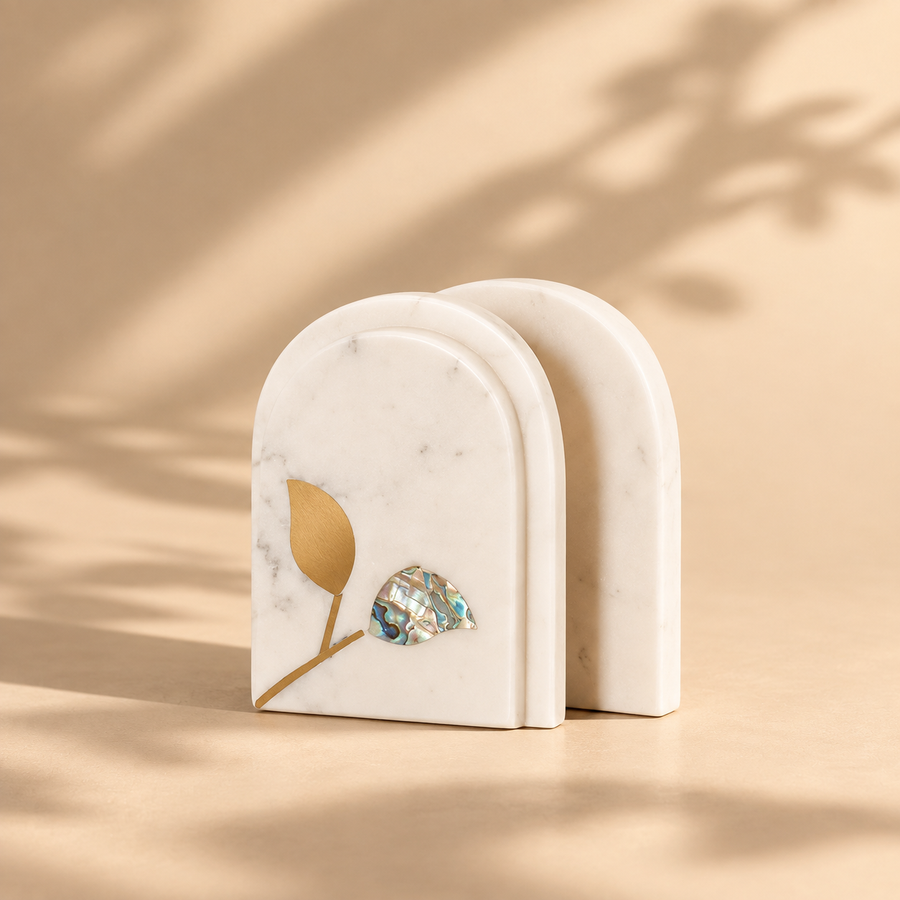 White Marble Bookends (Set of 2) with Brass & Abalone Inlay