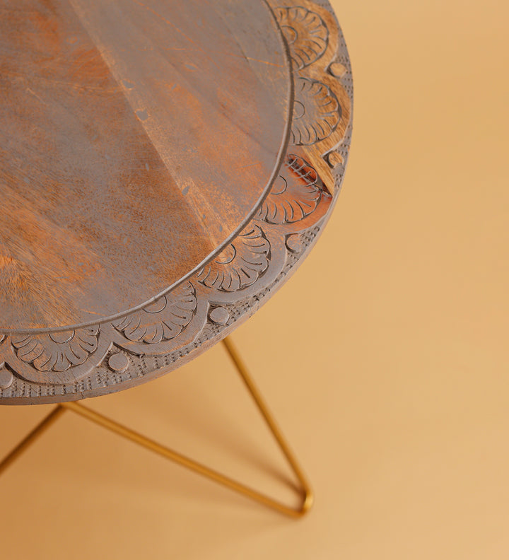 Distressed Hand-Carved Floral Accent Table