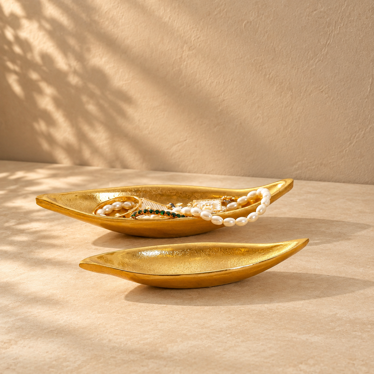 Gold Metal Leaf Shaped Decorative Platters for Home Set of 2