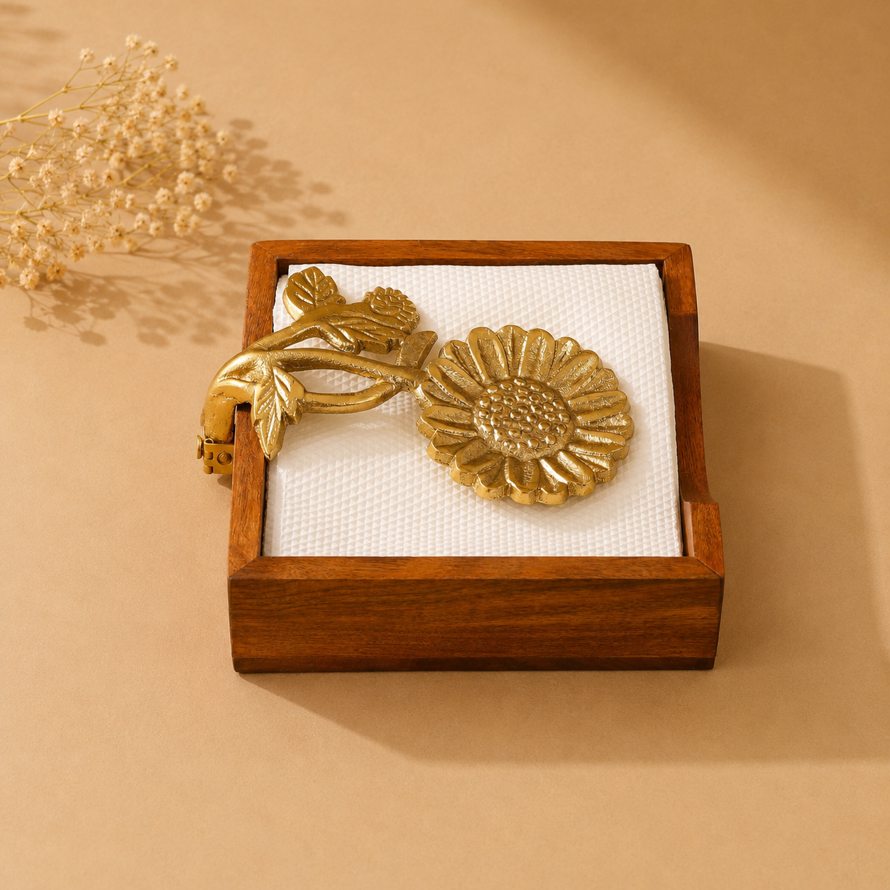 Sunflower Wooden Tissue Holder | Handcrafted Acacia Wood Napkin Box for Dining Table & Home Décor