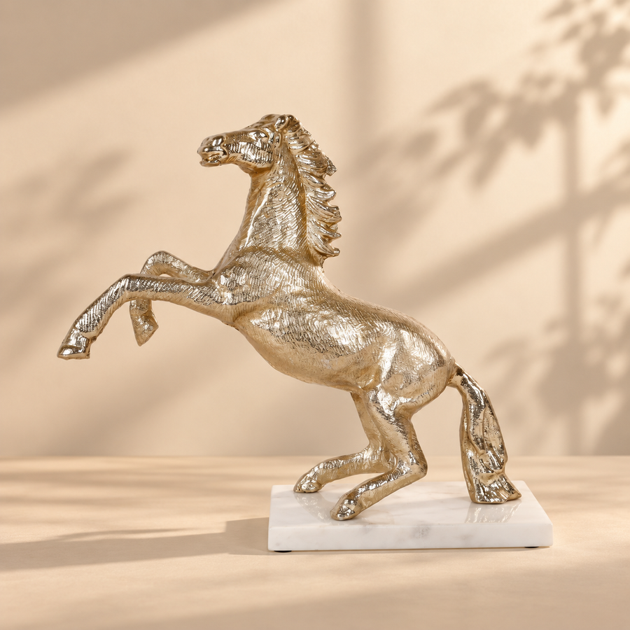 Gold Aluminium Horse Figurine with White Marble Base for Tabletop
