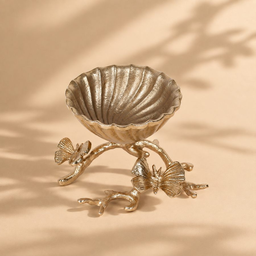 Gold Aluminium Decorative Bowl with Leaf Base for Tabletop