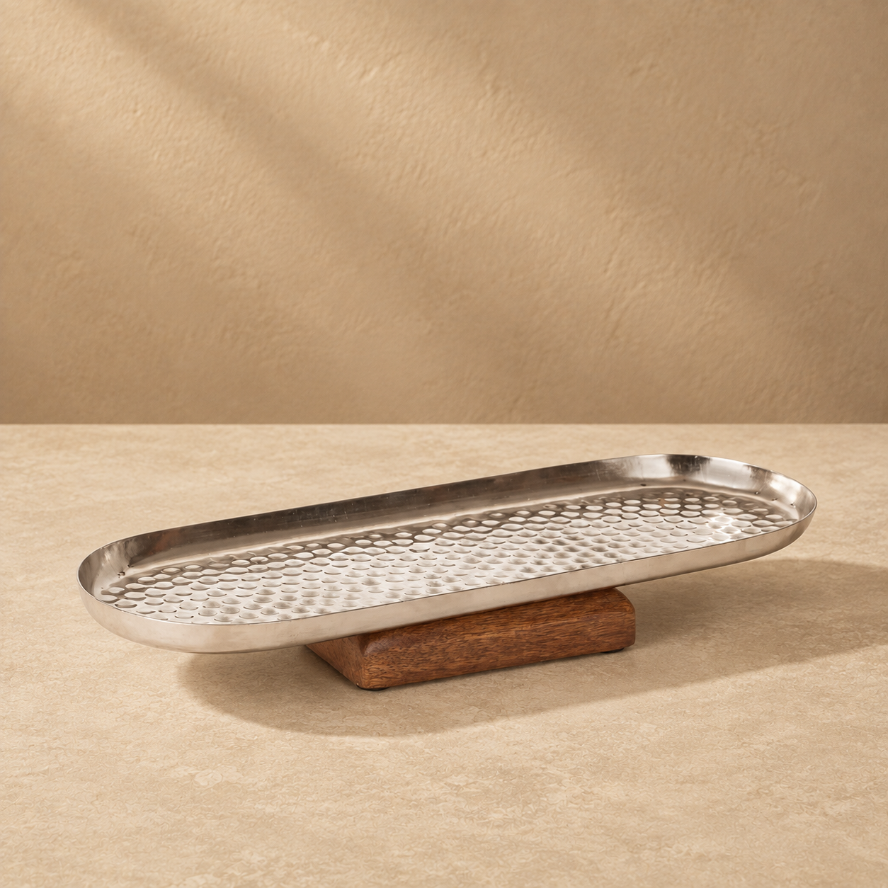 Hammered  Metal Platter with Wooden Base – Elevated Serving Tray for Dining & Coffee Table