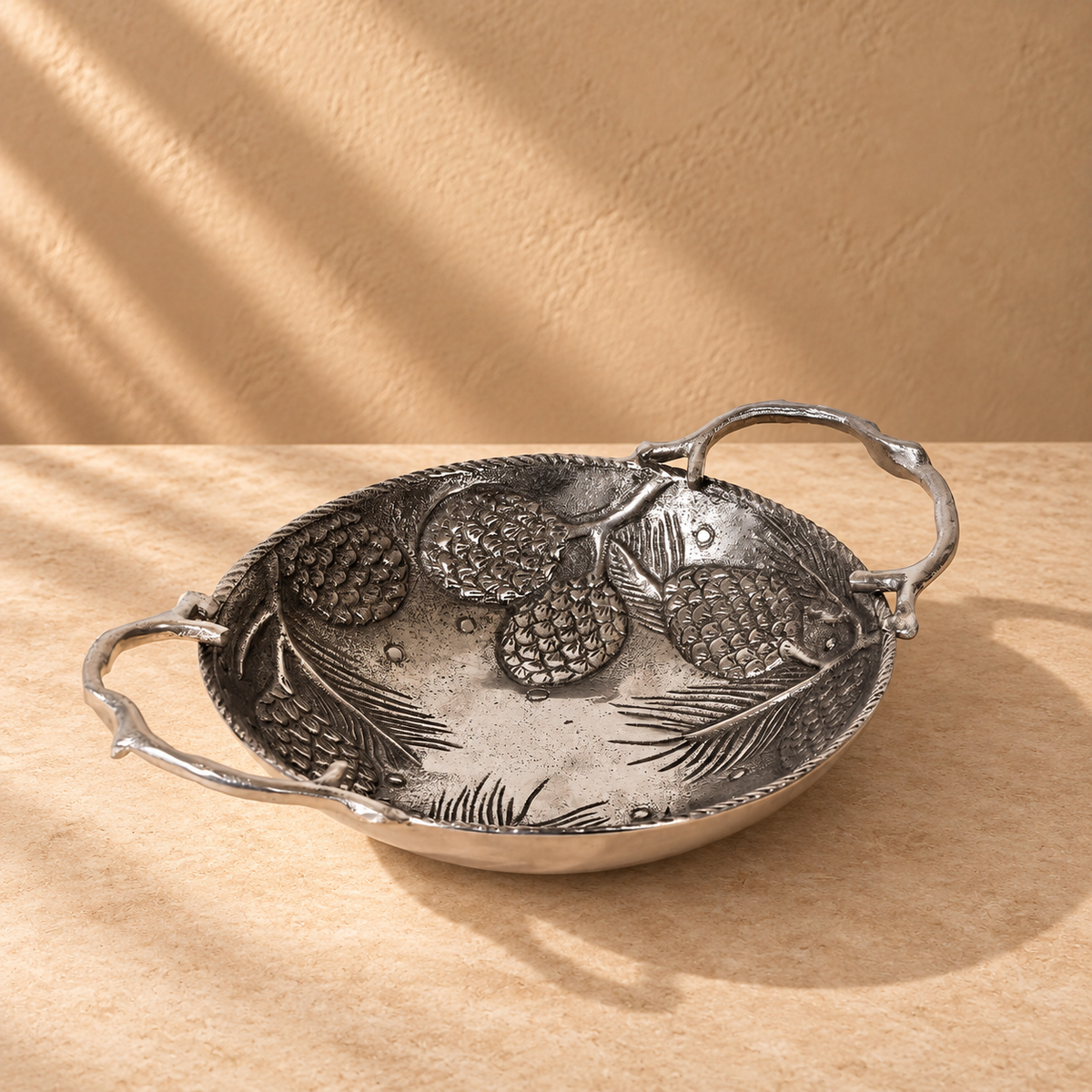 Silver Pinecone Serving Bowl with Handles | Decorative Metal Dining Bowl & Table Accent