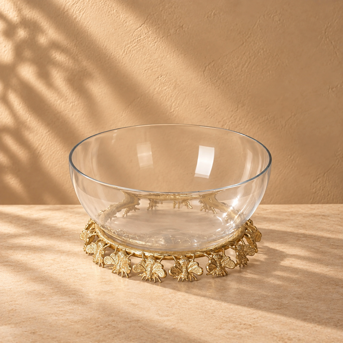 Glass Serving Bowl with Gold Bee Stand | Decorative Dining & Kitchen Centrepiece