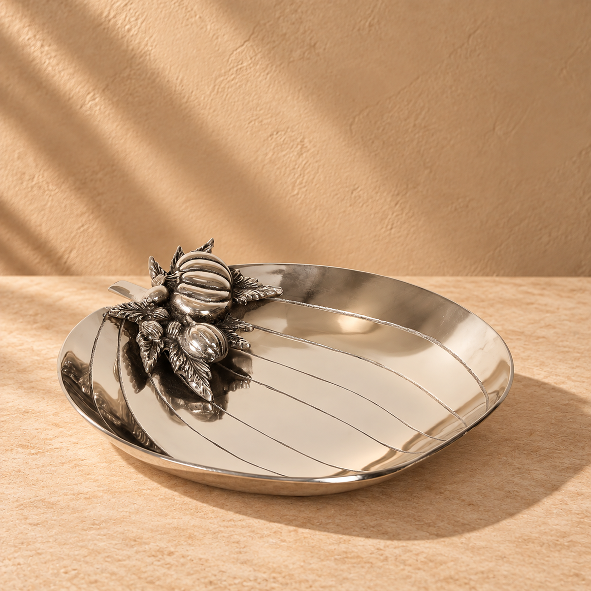 Silver Pumpkin Oval Platter | Decorative Metal Serving Plate & Dining Table Accent