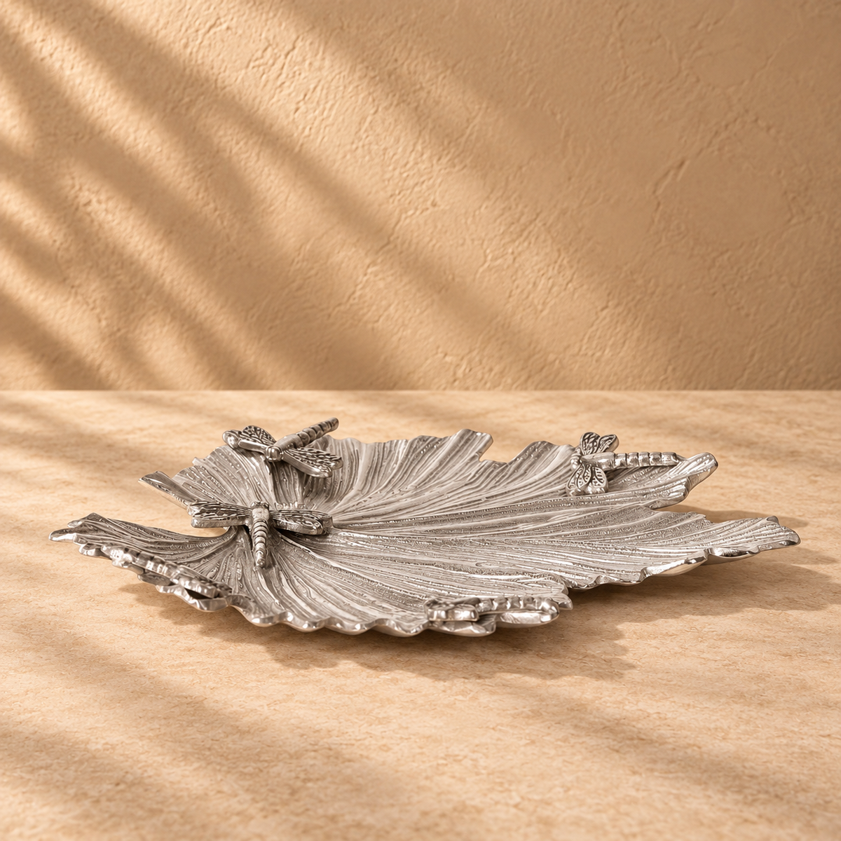 Silver Leaf Platter with Dragonfly Detail | Decorative Metal Serving Plate & Table Accent