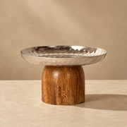Hammered Metal Pedestal Platter with Wooden Base – Elevated Serving & Centerpiece Tray