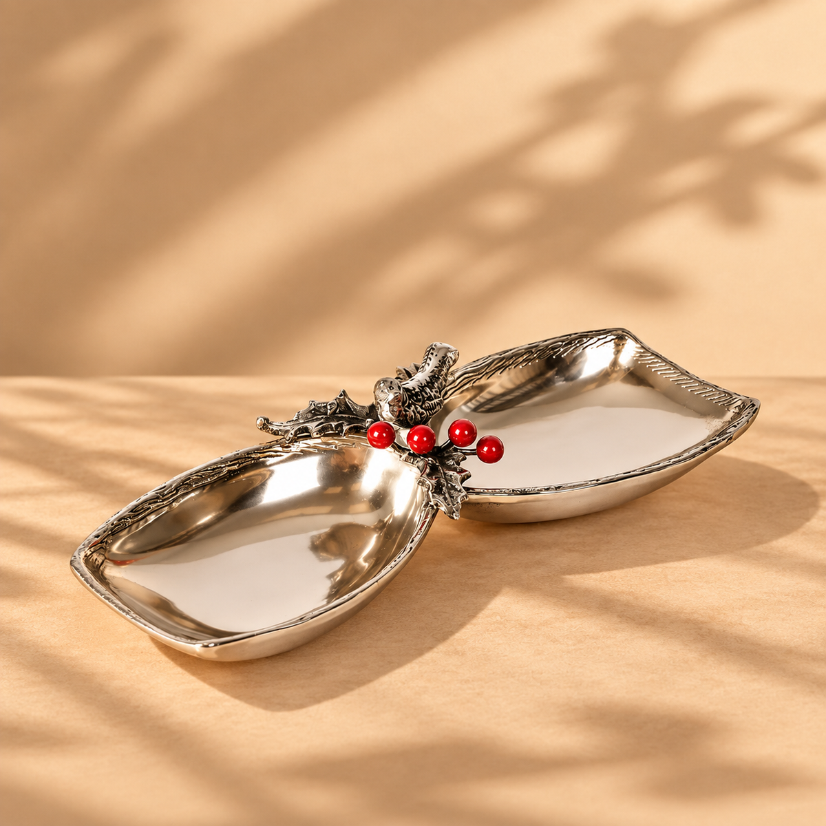 Double Dip Serving Platter with Festive Berry Detail for Table Decor and Snack Serving