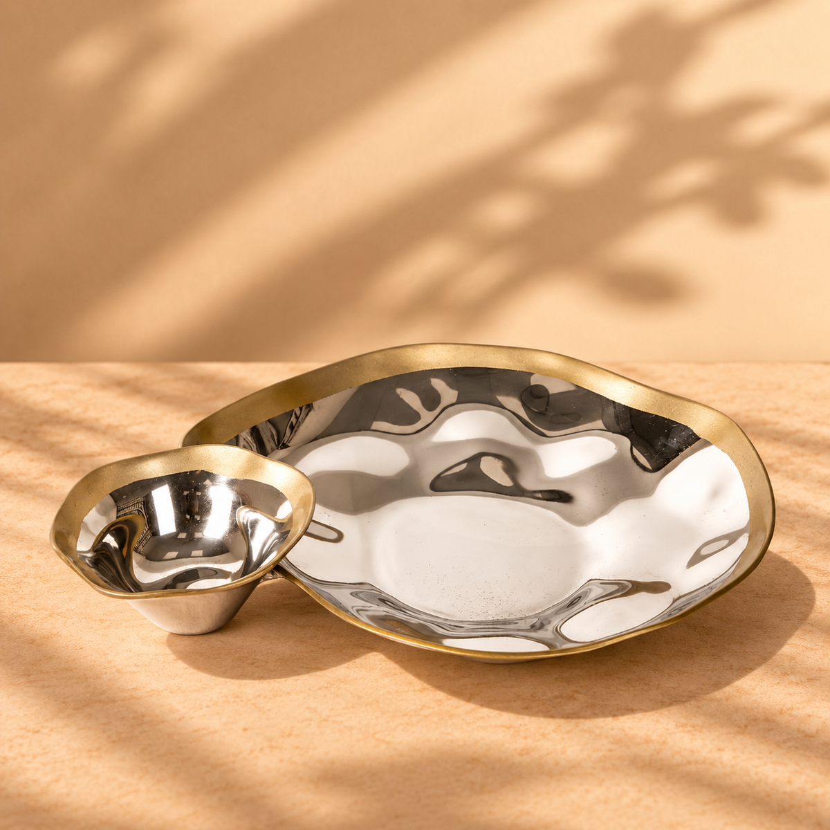 Metal Serving Platter with Dip Bowl for Table Decor and Snack Serving
