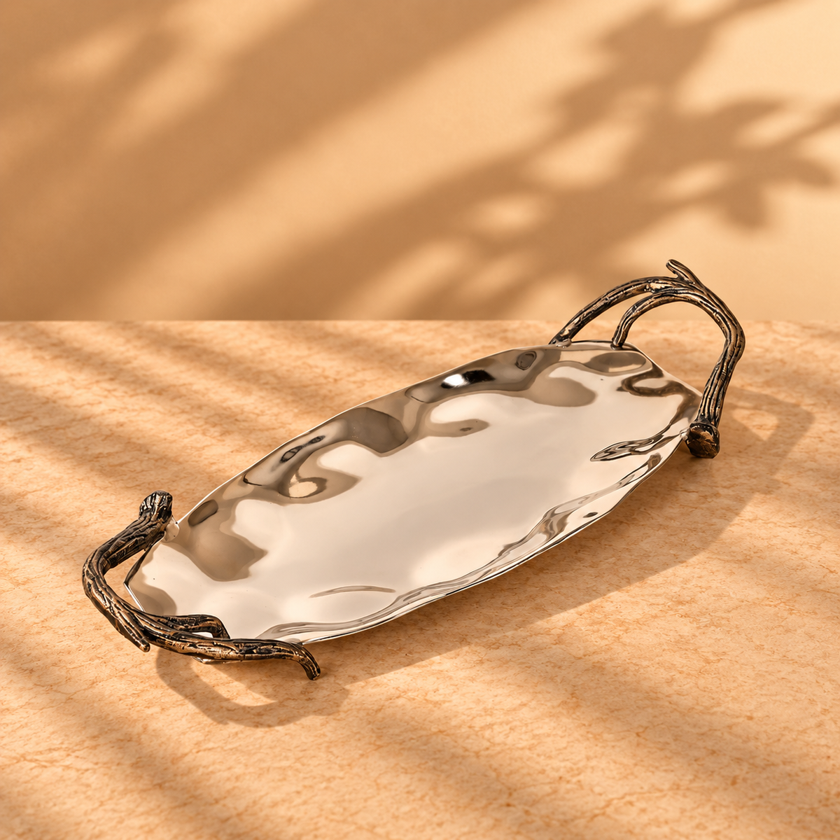 Metal Serving Tray with Branch Handles for Table Decor and Hosting